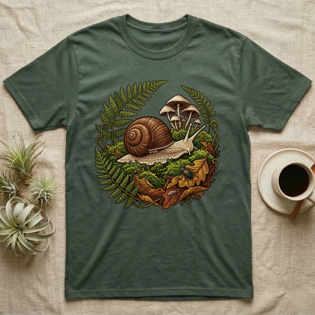Garden Snail Moss Terrarium T-Shirt in Military Green — Garden snail crossing moss inside a circular forest vignette of ferns, mushrooms, oak leaves and a beetle.