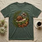 Garden Snail Moss Terrarium T-Shirt in Military Green — Garden snail crossing moss inside a circular forest vignette of ferns, mushrooms, oak leaves and a beetle.