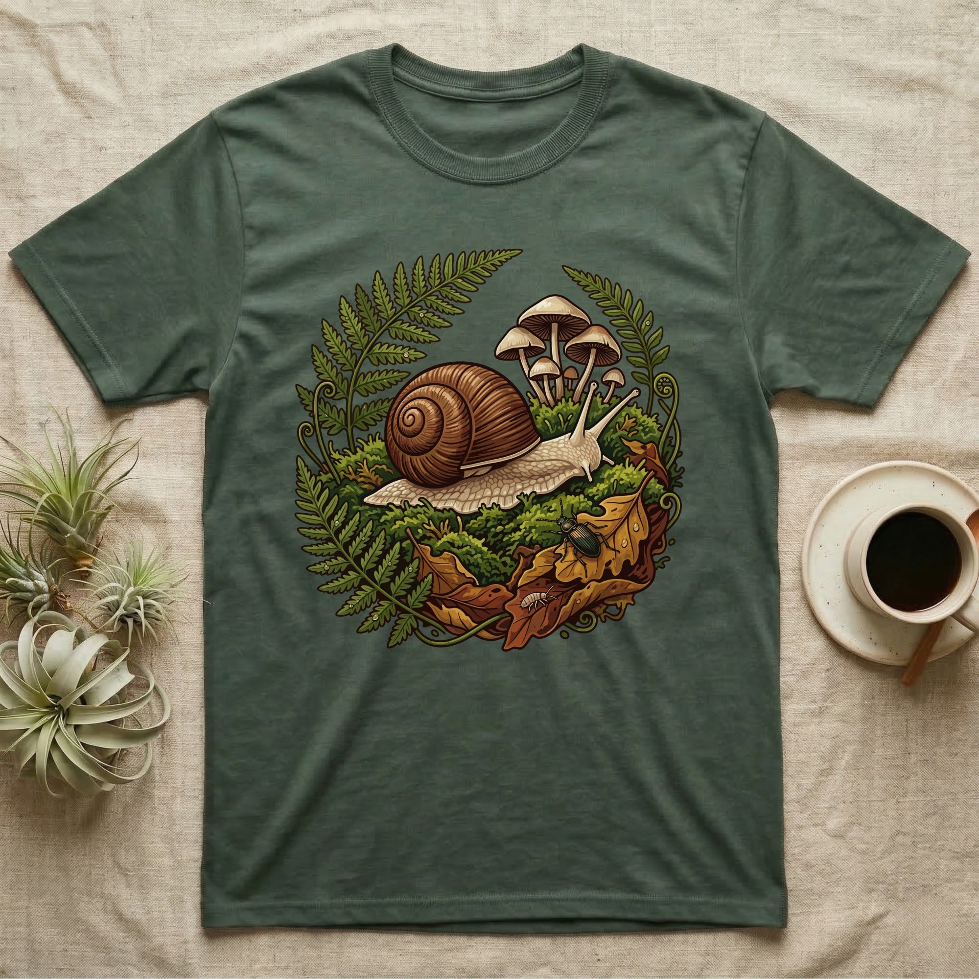 Garden Snail Moss Terrarium T-Shirt in Military Green — Garden snail crossing moss inside a circular forest vignette of ferns, mushrooms, oak leaves and a beetle.