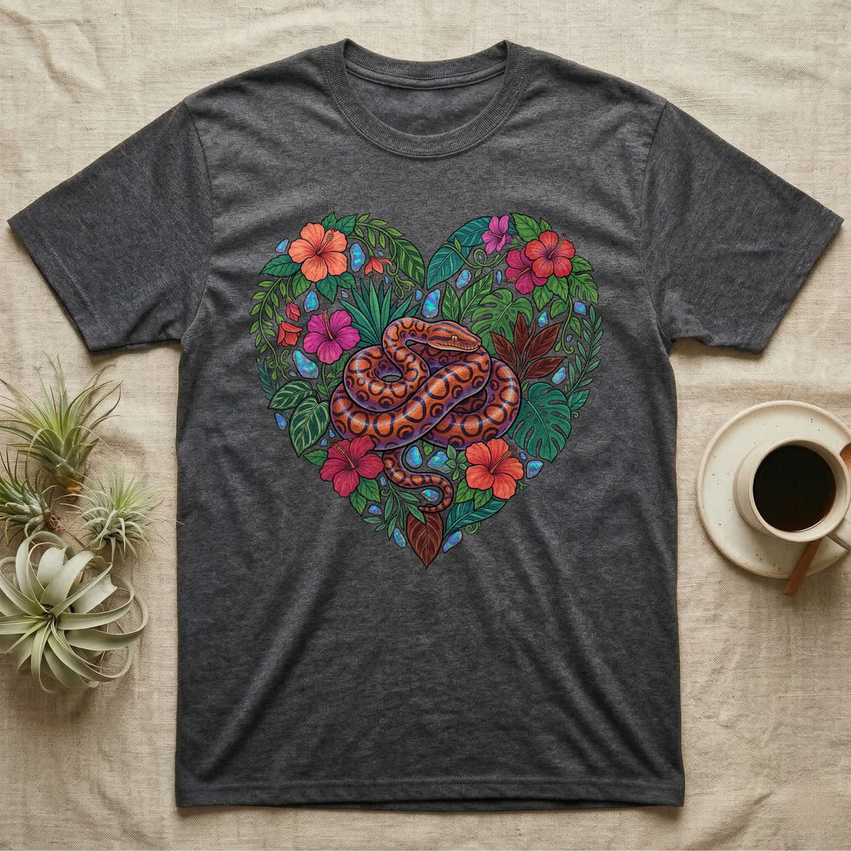 Dark gray t-shirt with a heart-shaped floral design featuring a snake.
