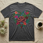 Dark gray t-shirt with a heart-shaped floral design featuring a snake.