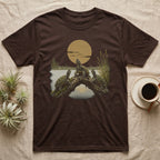 Snapping Turtle Moon T-Shirt in Dark Chocolate — Painted 90s wildlife art of three snapping turtles on a marsh log howling at a golden moon