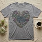 Grey t-shirt with a heart-shaped floral illustration featuring a Scottish Fold cat.