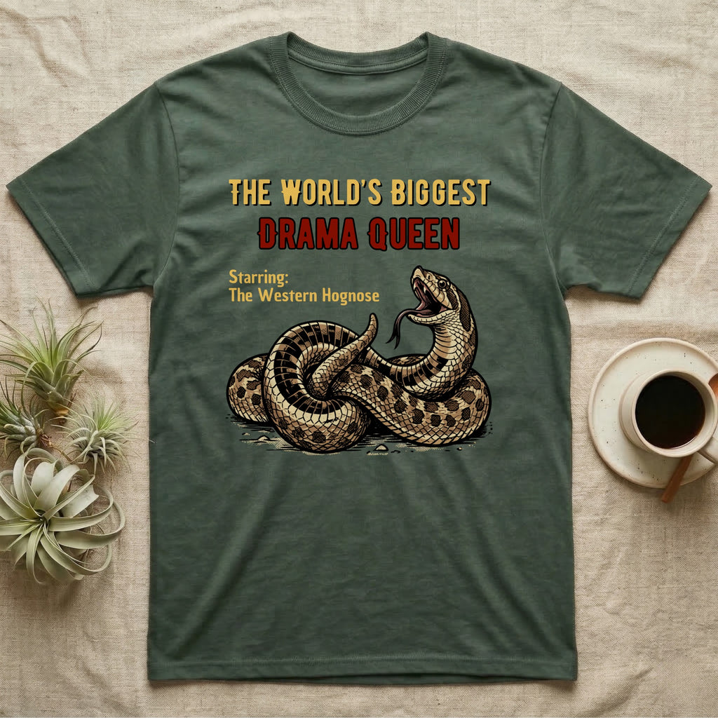 Green t-shirt with a western hognose snake and "The World's Biggest Drama Queen" text.