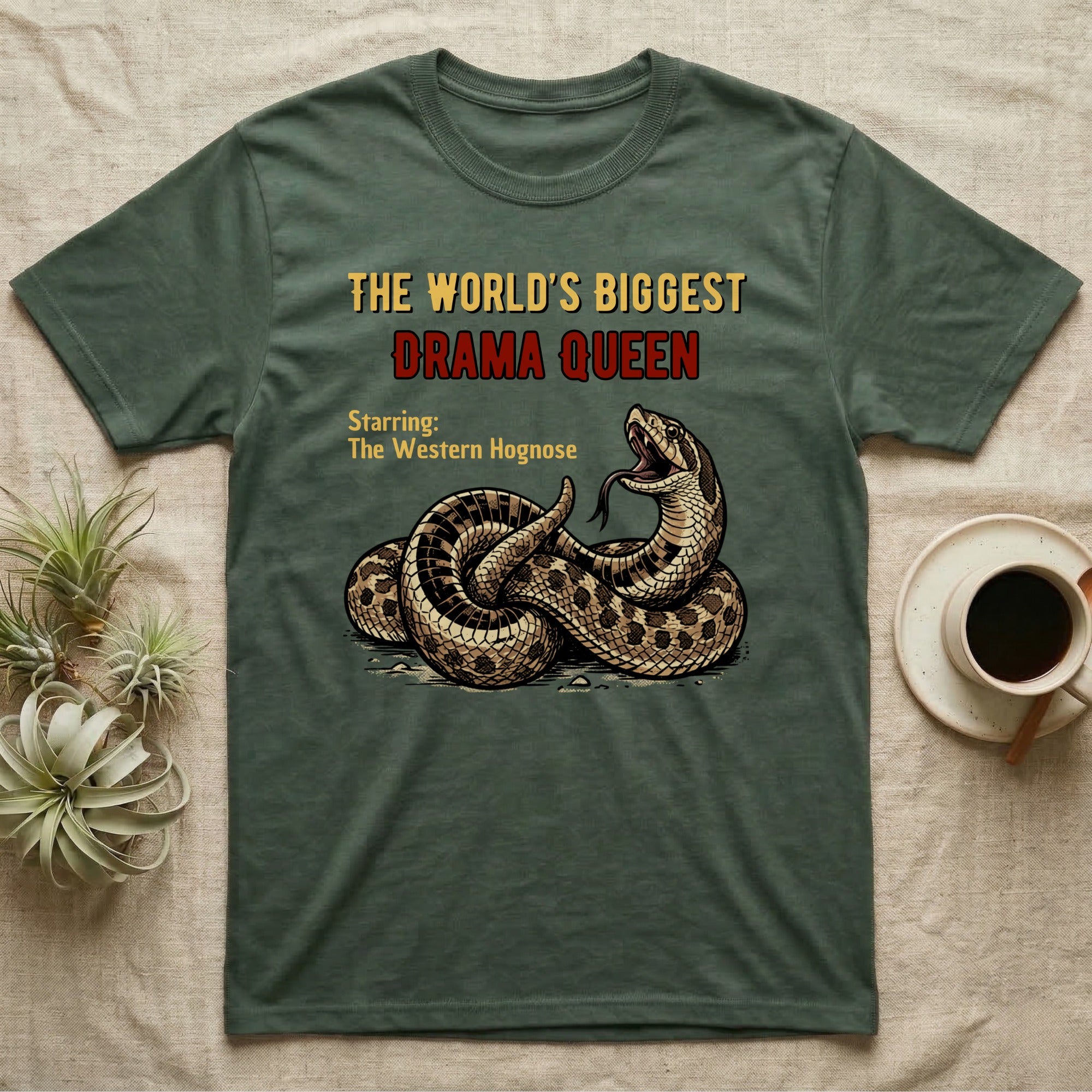 Green t-shirt with a western hognose snake and "The World's Biggest Drama Queen" text.