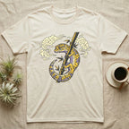 T-shirt featuring a stylized leopard gecko on bamboo with clouds.