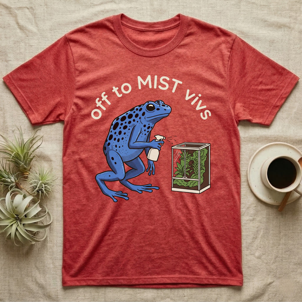 Dart Frog Misting T-Shirt in Heather Red — Spotted blue dart frog spraying a planted vivarium under the words off to MIST vivs