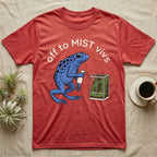 Dart Frog Misting T-Shirt in Heather Red — Spotted blue dart frog spraying a planted vivarium under the words off to MIST vivs