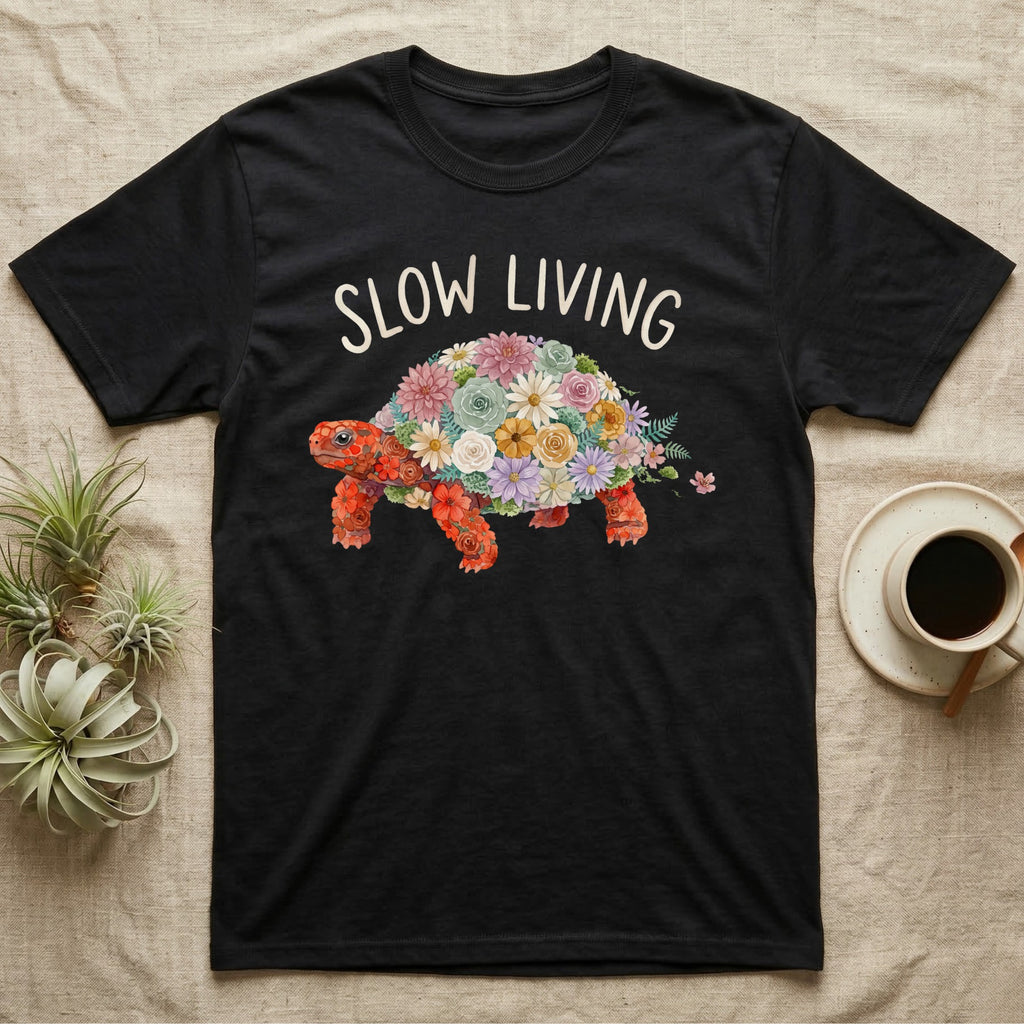 Red-Foot Tortoise Slow Living T-Shirt in Black — Flat watercolour mosaic of a red-foot tortoise built entirely from terrarium flowers and ferns.