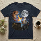 Two cats on a rooftop at night, one breathing fire, the other shooting lasers.