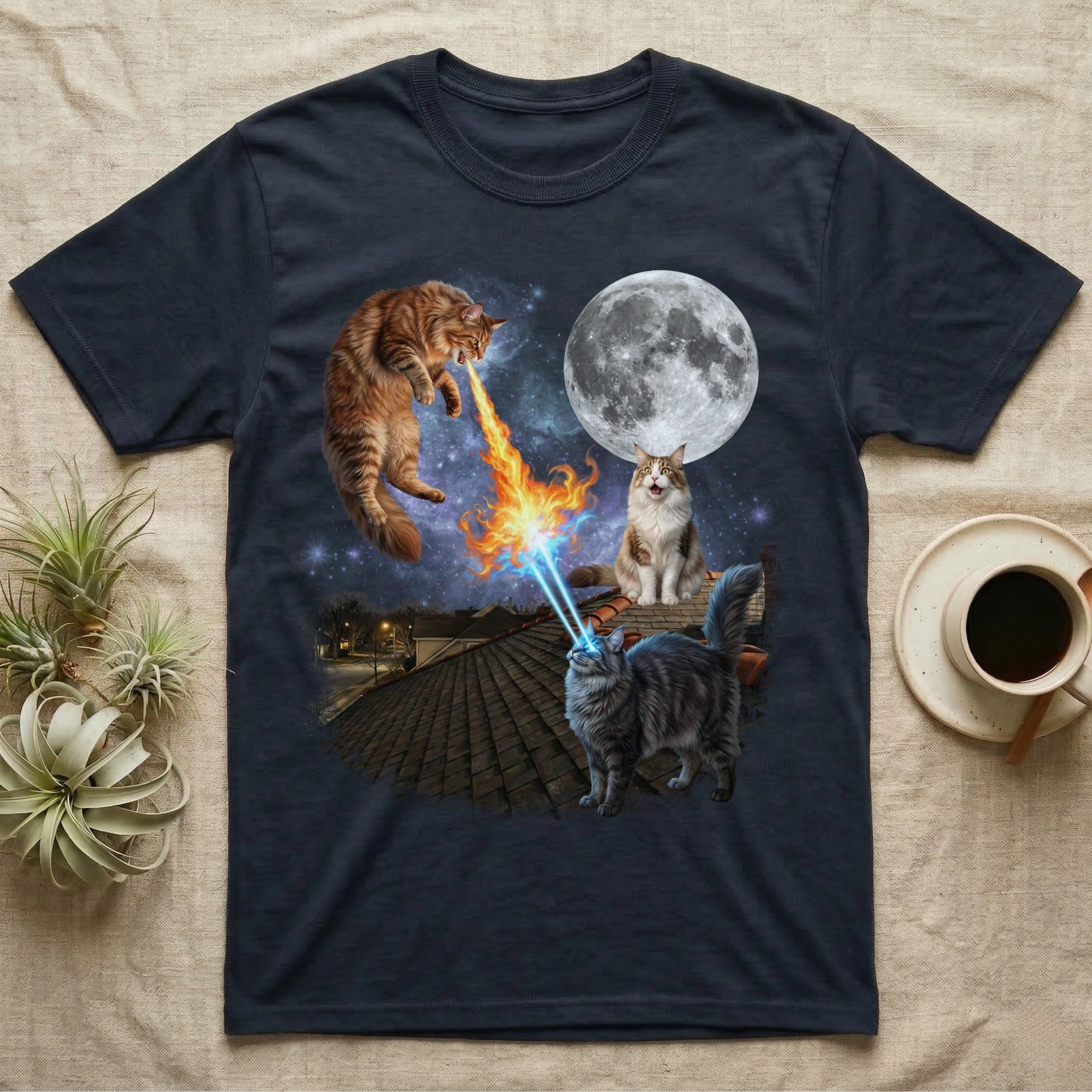 Two cats on a rooftop at night, one breathing fire, the other shooting lasers.