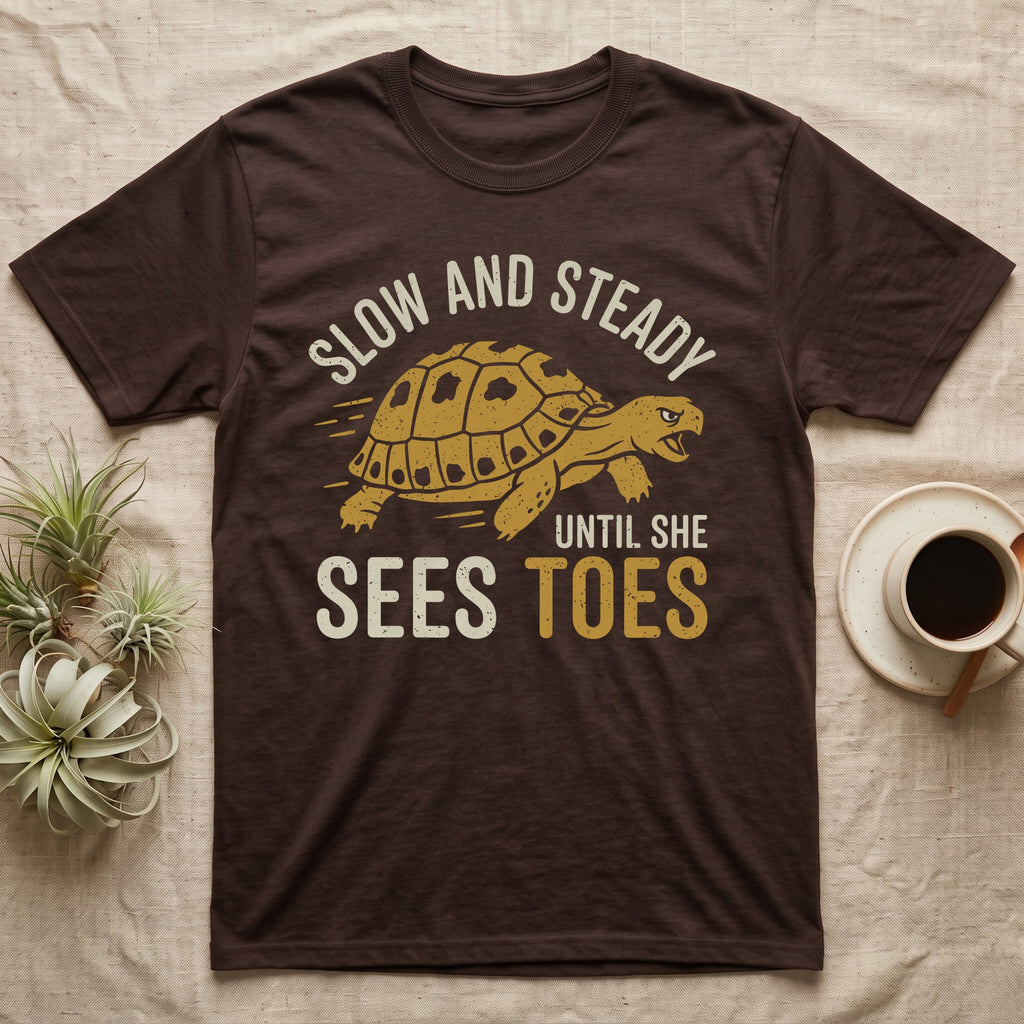 Hermann's Tortoise Toes T-Shirt in Dark Chocolate — Golden ochre Hermann's tortoise charging to the right under arched cream words Slow And Steady, with Until She Sees Toes below
