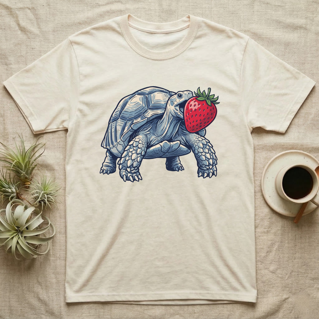 Sulcata Strawberry Tortoise T-Shirt in Natural — Bold vector illustration of a sulcata tortoise lunging neck-first toward an oversized red strawberry, head-on view.