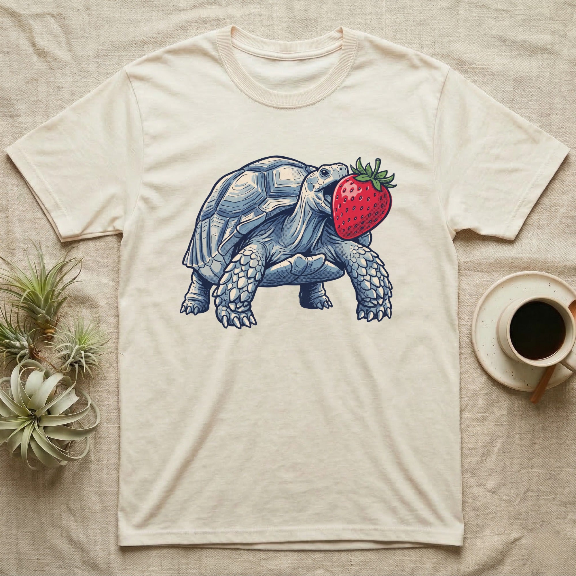 Sulcata Strawberry Tortoise T-Shirt in Natural — Bold vector illustration of a sulcata tortoise lunging neck-first toward an oversized red strawberry, head-on view.