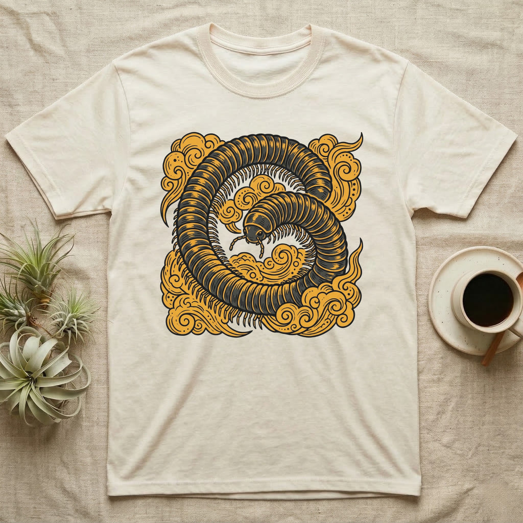Cream t-shirt with a stylized millipede in a cloud design.