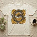 Cream t-shirt with a stylized millipede in a cloud design.