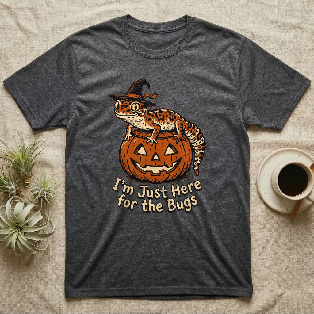 Leopard Gecko Here For Bugs T-Shirt in Dark Heather — Vintage cartoon leopard gecko in a witch hat on a jack-o'-lantern, "I'm Just Here for the Bugs."