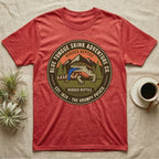 Red t-shirt with "Blue Tongue Skink Adventure Co." circular graphic featuring a lizard.