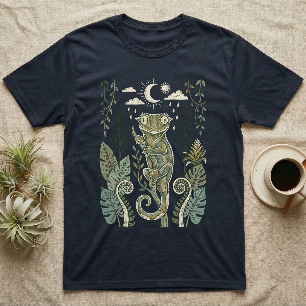Crested Gecko Rainforest T-Shirt in Navy — Linocut-style crested gecko clinging to a branch under a crescent moon, framed by rainforest ferns, pines and leaves.