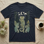 Crested Gecko Rainforest T-Shirt in Navy — Linocut-style crested gecko clinging to a branch under a crescent moon, framed by rainforest ferns, pines and leaves.