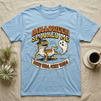 Leopard Gecko Spooked Me T-Shirt in Light Blue — Distressed graphic of a shocked leopard gecko in a witch hat beside its ghost-costumed dropped tail, "Halloween Spooked Me."