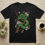Black t-shirt with a green snake and pink flowers design.