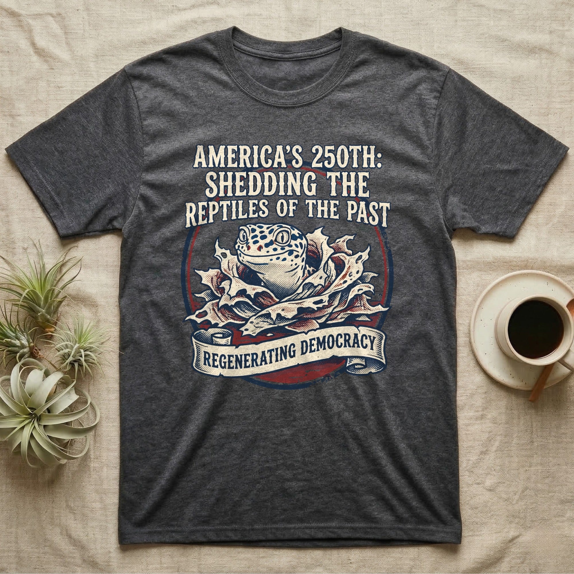 Leopard Gecko Shedding Tee in Dark Heather — Vintage badge of a leopard gecko emerging from its shed skin, navy and red emblem reading Shedding The Reptiles Of The Past, on black.