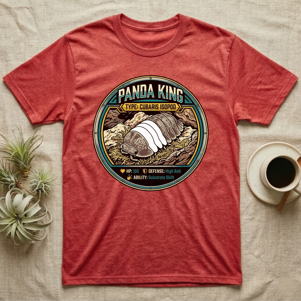 Panda King Isopod Trading Card T-Shirt in Heather Red — Metal stat-card badge showing a Panda King Cubaris isopod on limestone with HP and ability lines.
