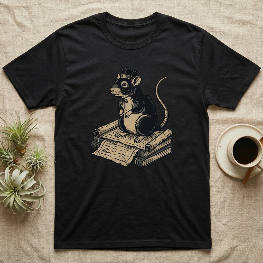 Black t-shirt with illustration of a rat wearing a hat and bow tie, sitting on scrolls.