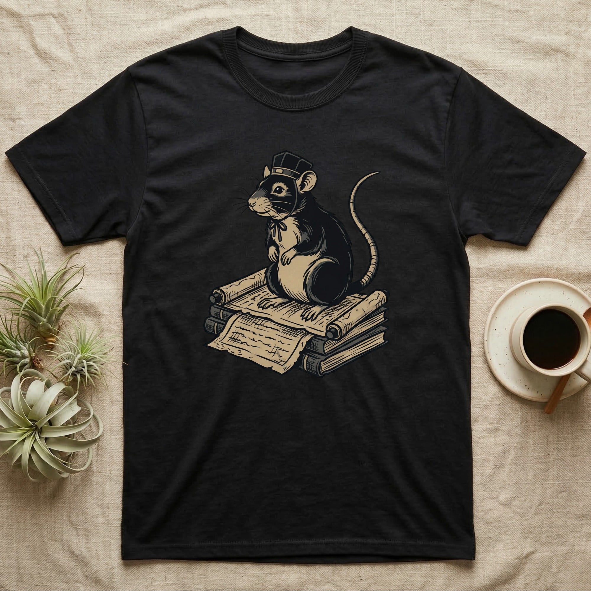 Black t-shirt with illustration of a rat wearing a hat and bow tie, sitting on scrolls.