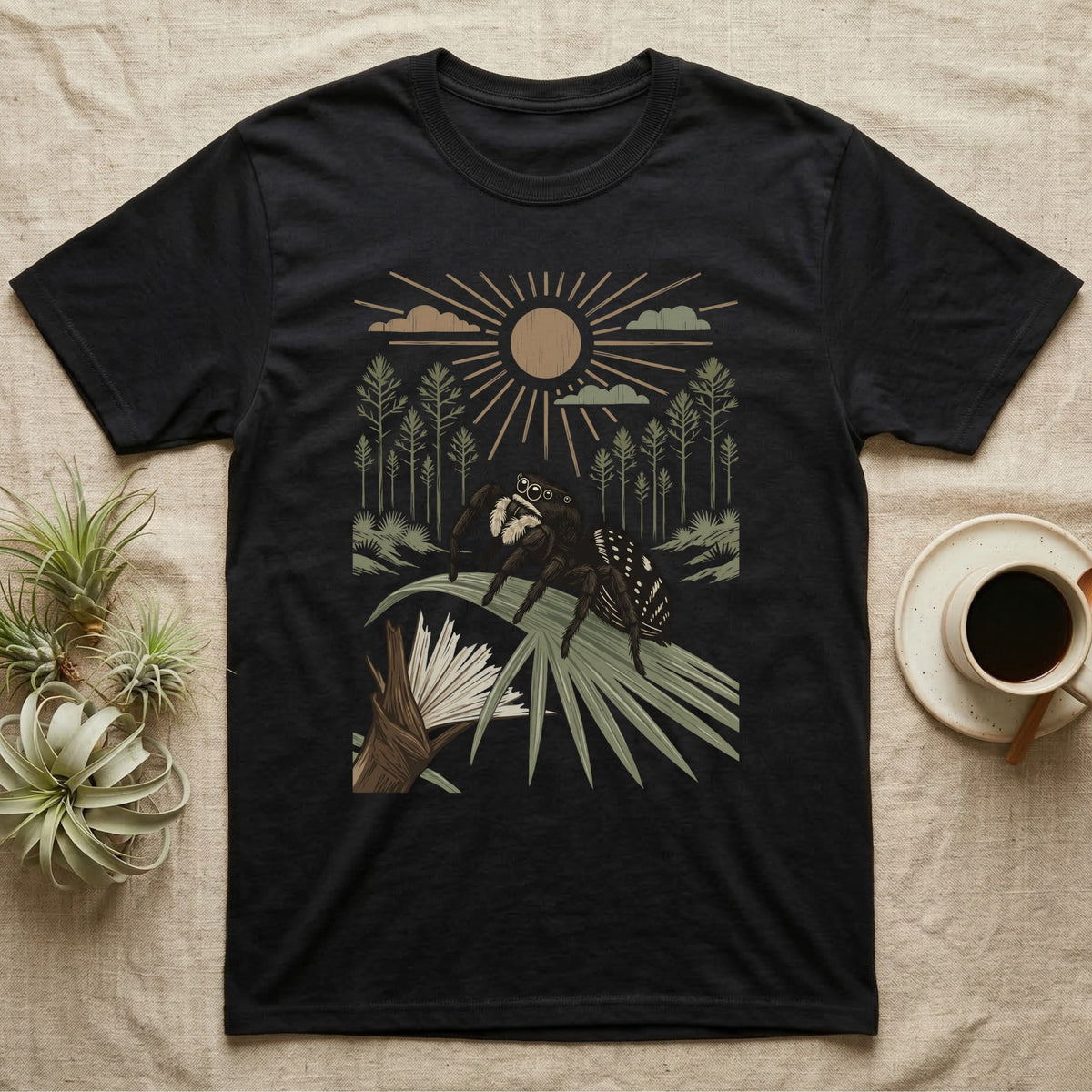 Jumping Spider Home Range T-Shirt in Black — Woodcut-style illustration of a regal jumping spider perched on a saw palmetto blade with pines behind, no on-shirt text.