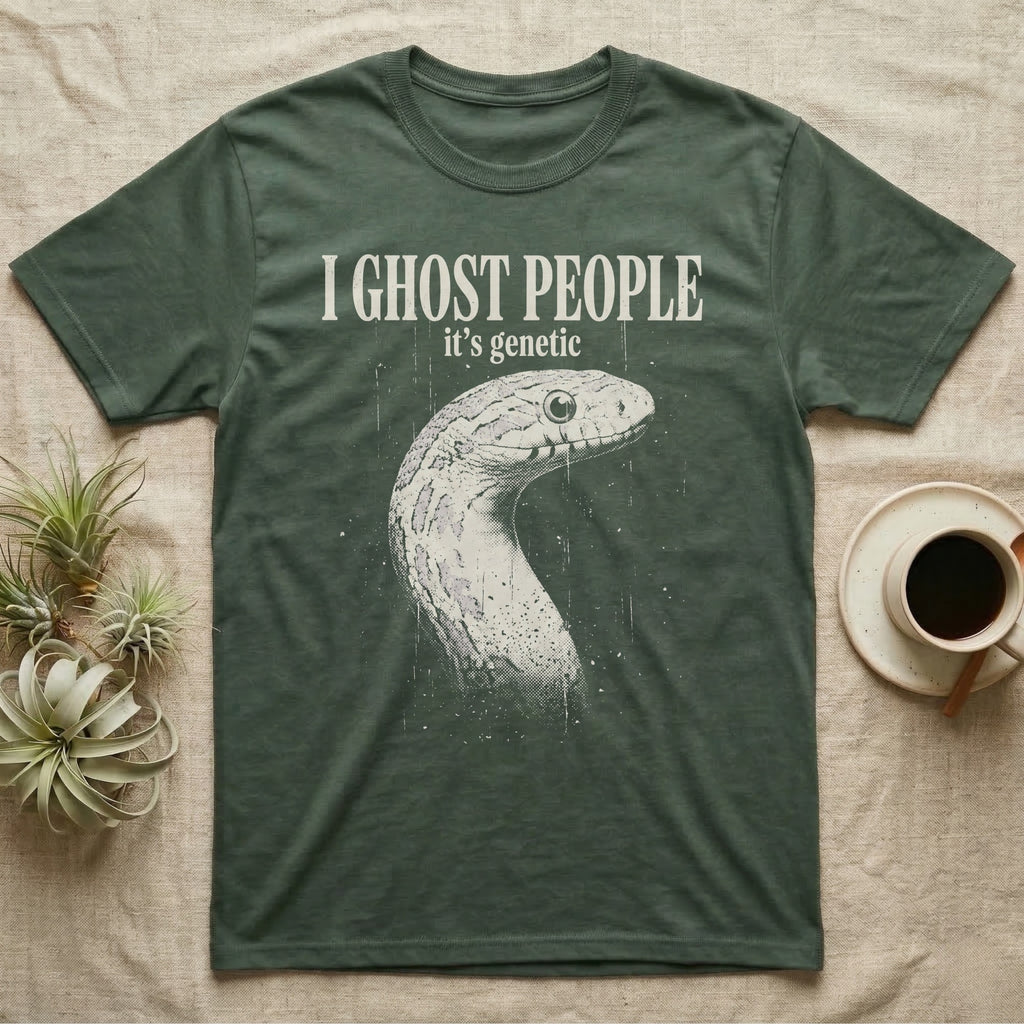 Ghost Corn Snake T-Shirt in Military Green — Gritty one-ink white print of a pale ghost corn snake head under the words I GHOST PEOPLE, it's genetic, on black