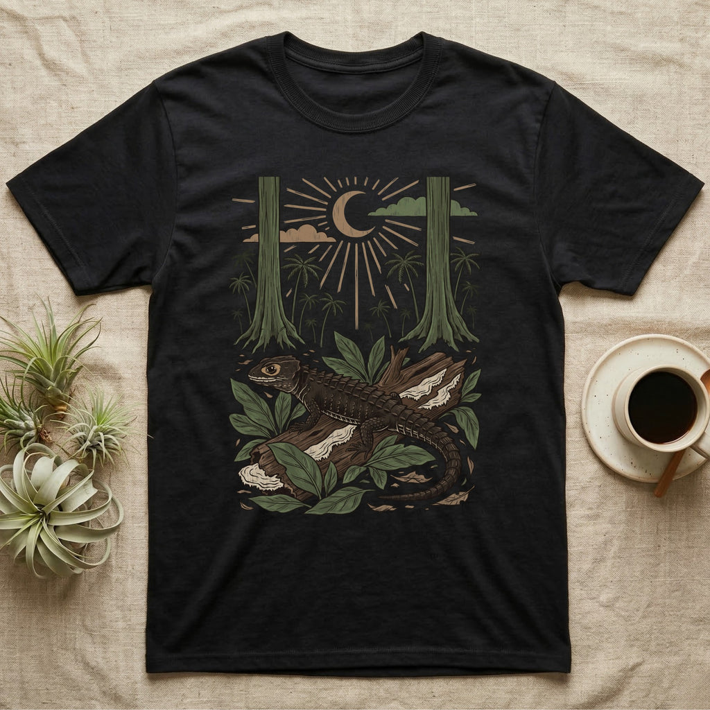 Crocodile Skink Home Range T-Shirt in Black — Woodcut-style illustration of a red-eyed crocodile skink crouched on a rainforest log among broad leaves and palms, no on-shirt text.