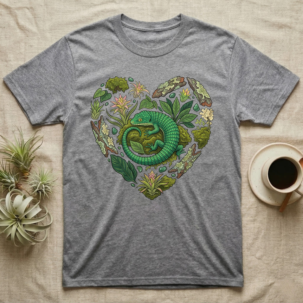 Grey t-shirt with a green lizard surrounded by a heart-shaped botanical design.
