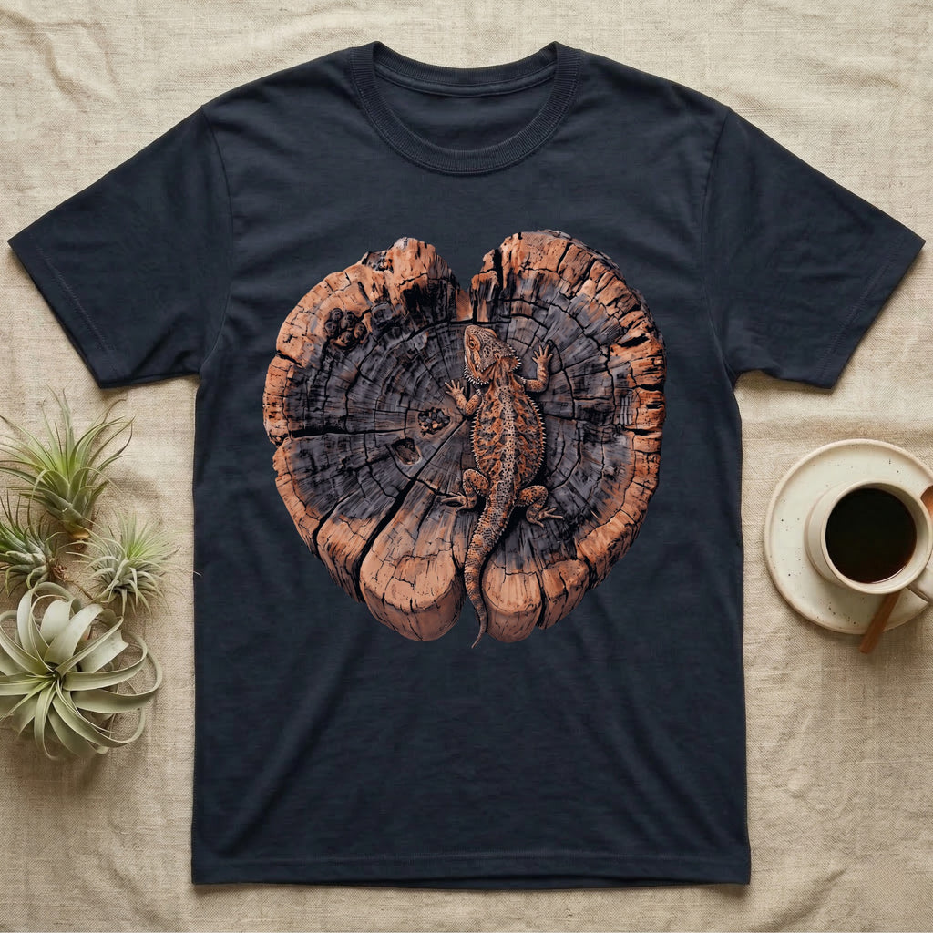 Bearded Dragon Basking Rings T-Shirt in Navy — Top-down illustration of a bearded dragon splayed flat on a cross-section log slab of terracotta growth rings with bracket fungus, no on-shirt text.
