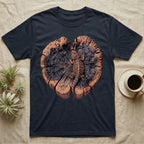 Bearded Dragon Basking Rings T-Shirt in Navy — Top-down illustration of a bearded dragon splayed flat on a cross-section log slab of terracotta growth rings with bracket fungus, no on-shirt text.
