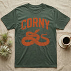 Corn Snake Corny T-Shirt in Military Green — Worn orange one-ink print of a corn snake lying in loose coils, head raised, under the arched word Corny