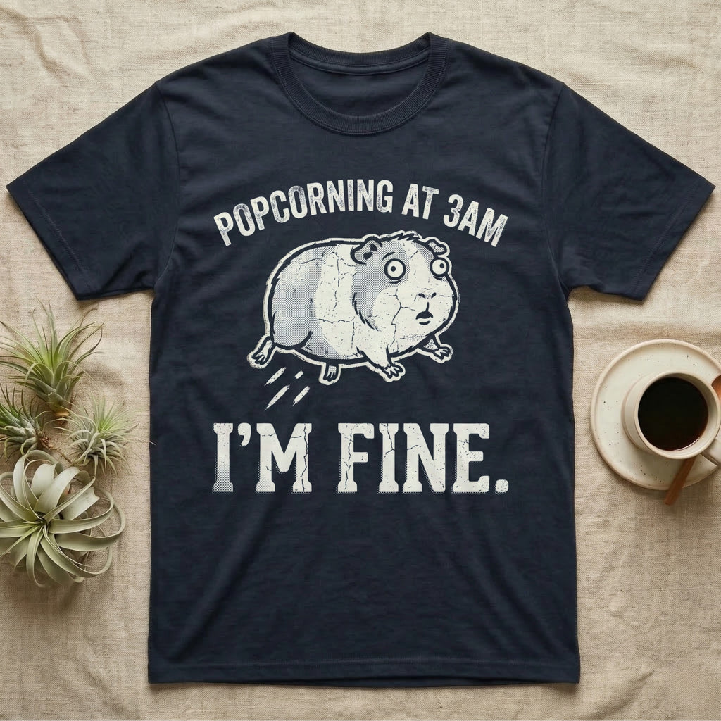 Guinea Pig Popcorning 3AM Tee in Navy — Grunge-distressed guinea pig mid-popcorn with all four feet airborne and distressed type "Popcorning At 3AM I'm Fine."