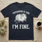 Guinea Pig Popcorning 3AM Tee in Navy — Grunge-distressed guinea pig mid-popcorn with all four feet airborne and distressed type "Popcorning At 3AM I'm Fine."