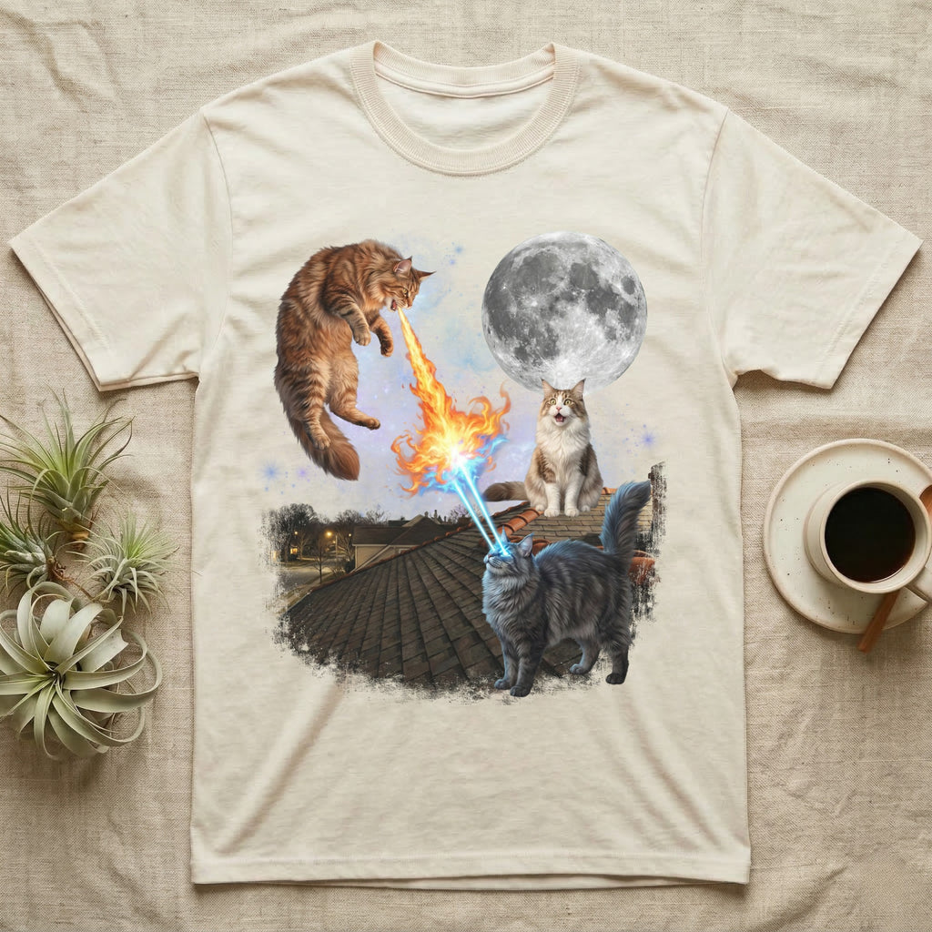 Two cats, one breathing fire and the other shooting lasers, on a rooftop under a moon.