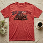 Snapping Turtle 250 T-Shirt in Heather Red — Gritty woodcut alligator snapping turtle with a flag-etched shell on a 250 coin under text Shelled 250 Years.