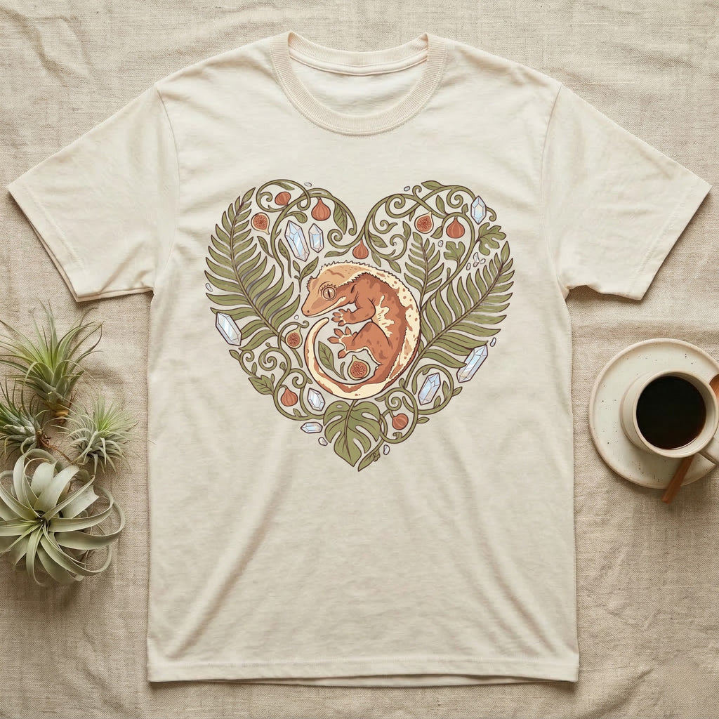 Cream t-shirt with a heart-shaped gecko and foliage graphic design.
