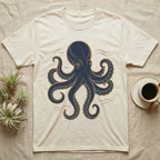 Cream t-shirt with a navy octopus design and gold accents.