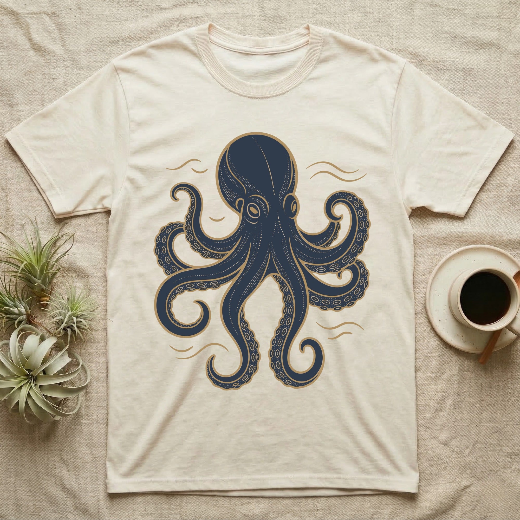 Cream t-shirt with a navy octopus design and gold accents.