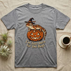 Leopard Gecko Here For Bugs T-Shirt in Sport Grey — Vintage cartoon leopard gecko in a witch hat on a jack-o'-lantern, "I'm Just Here for the Bugs."