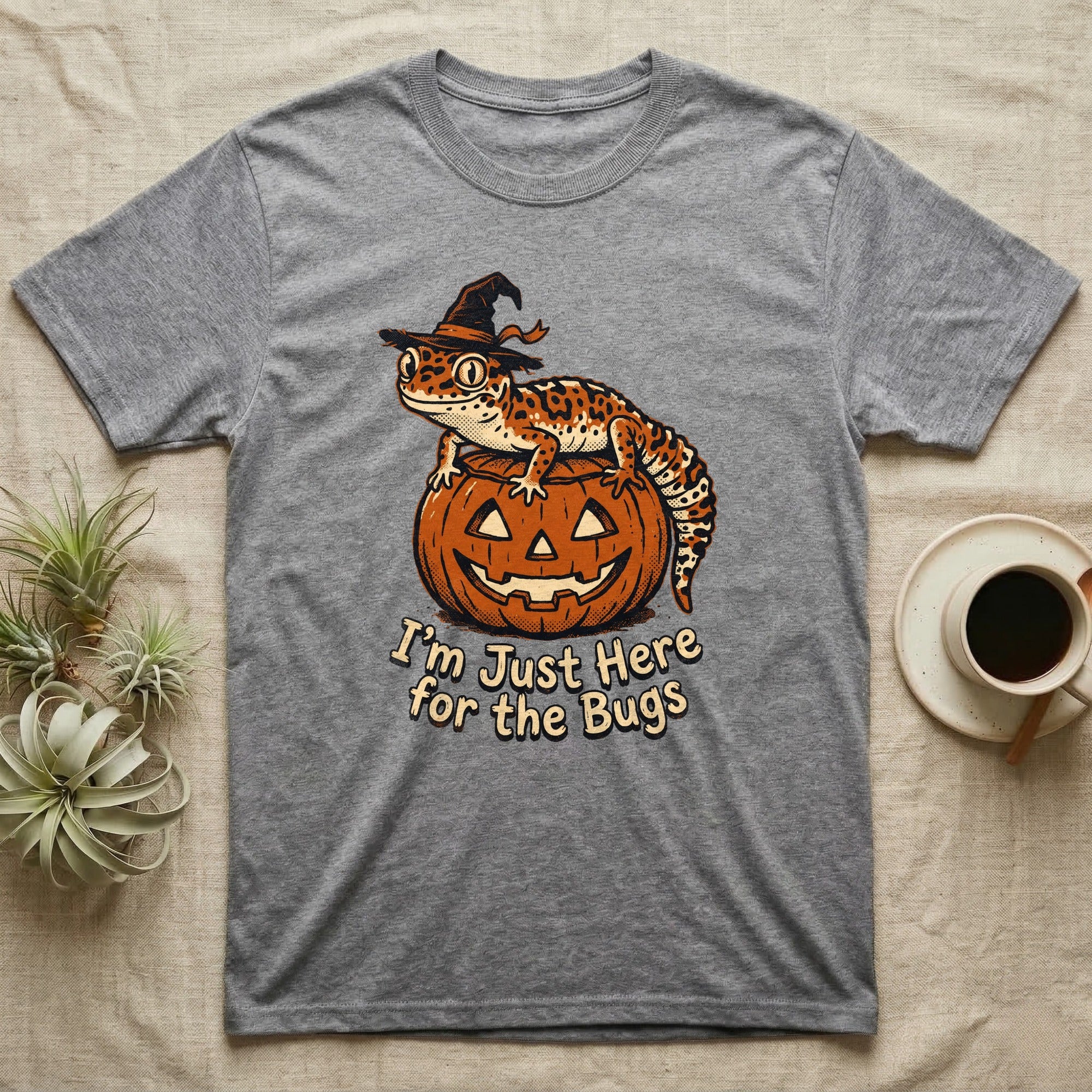 Leopard Gecko Here For Bugs T-Shirt in Sport Grey — Vintage cartoon leopard gecko in a witch hat on a jack-o'-lantern, "I'm Just Here for the Bugs."