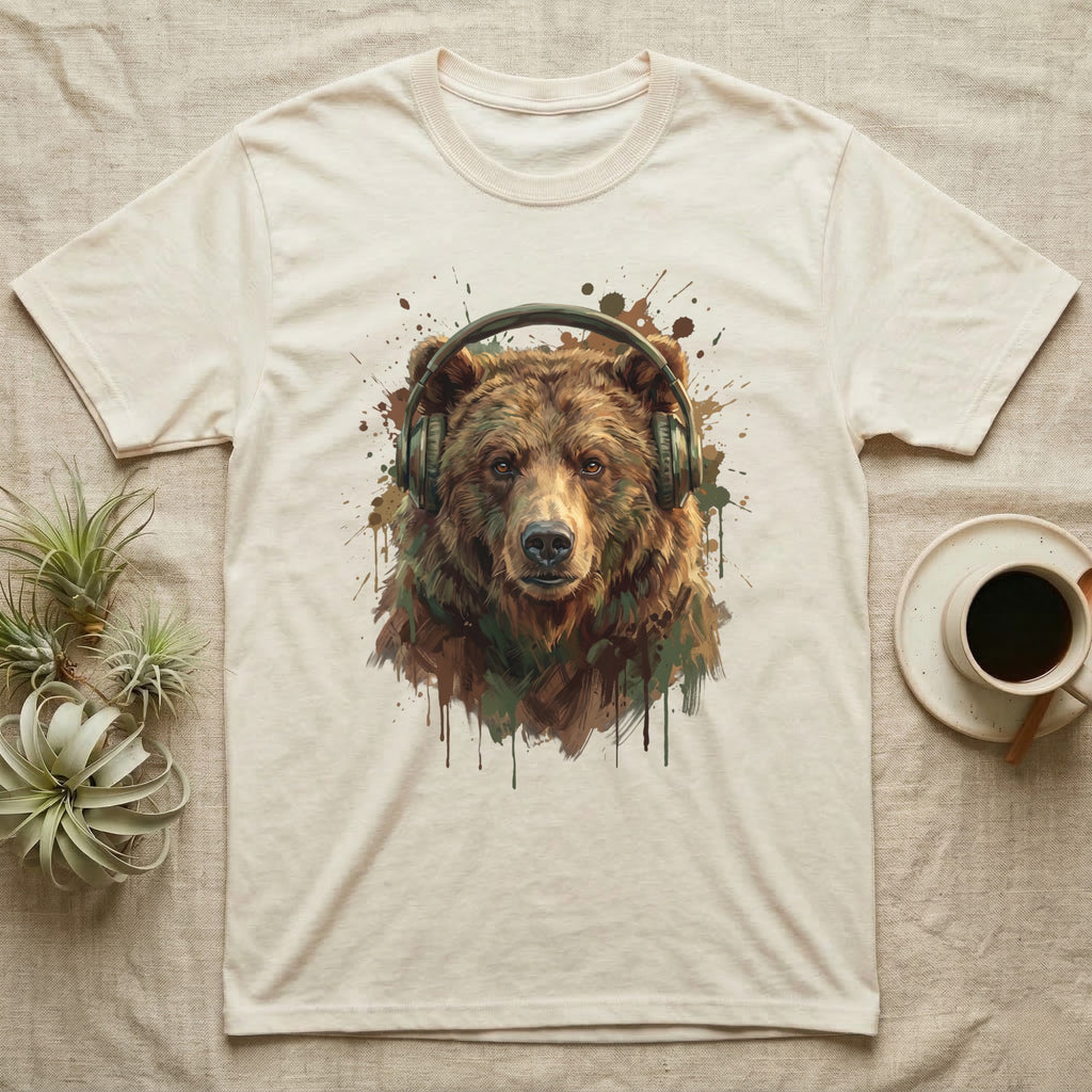 Bear wearing headphones, watercolor style, graphic print on cream t-shirt.