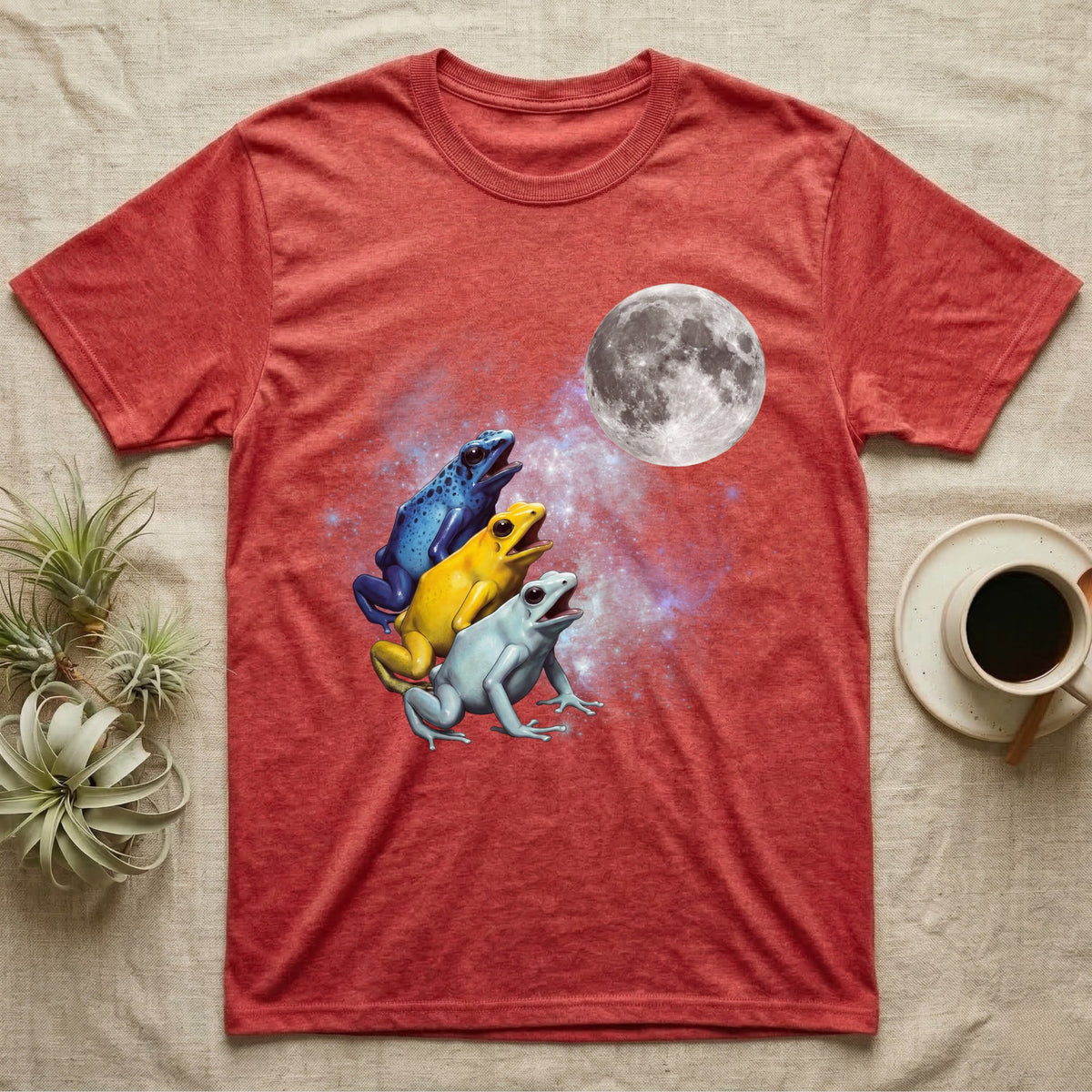 Poison Dart Frog Moon Howl T-Shirt in Heather Red — Three Poison Dart Frog colour morphs howling at a full moon over a nebula on a dark grey t-shirt.