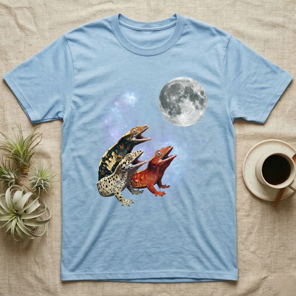 Crested Gecko Moon Howl T-Shirt in Light Blue — Three Crested Gecko colour morphs howling at a full moon over a nebula on a dark grey t-shirt.