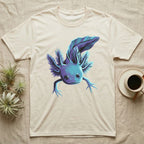 Neon cyan and purple illustration of a floating axolotl with spread gill plumes in a glowing bioluminescent style, no on-shirt text. — shown on a Natural tee.